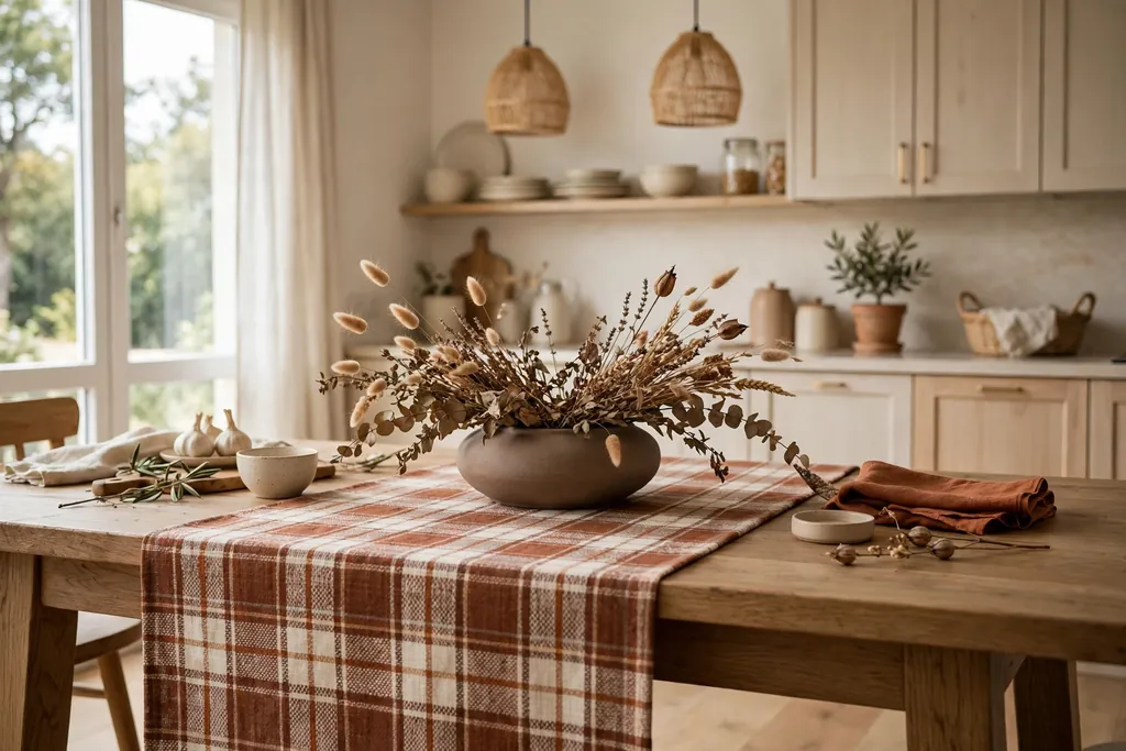 Dining table with a plaid runner and dried stems in a low vase.