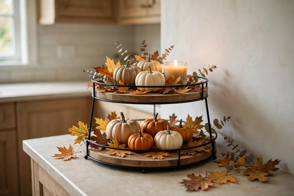 Two tier tray with small pumpkins and a candle in a kitchen counter corner.