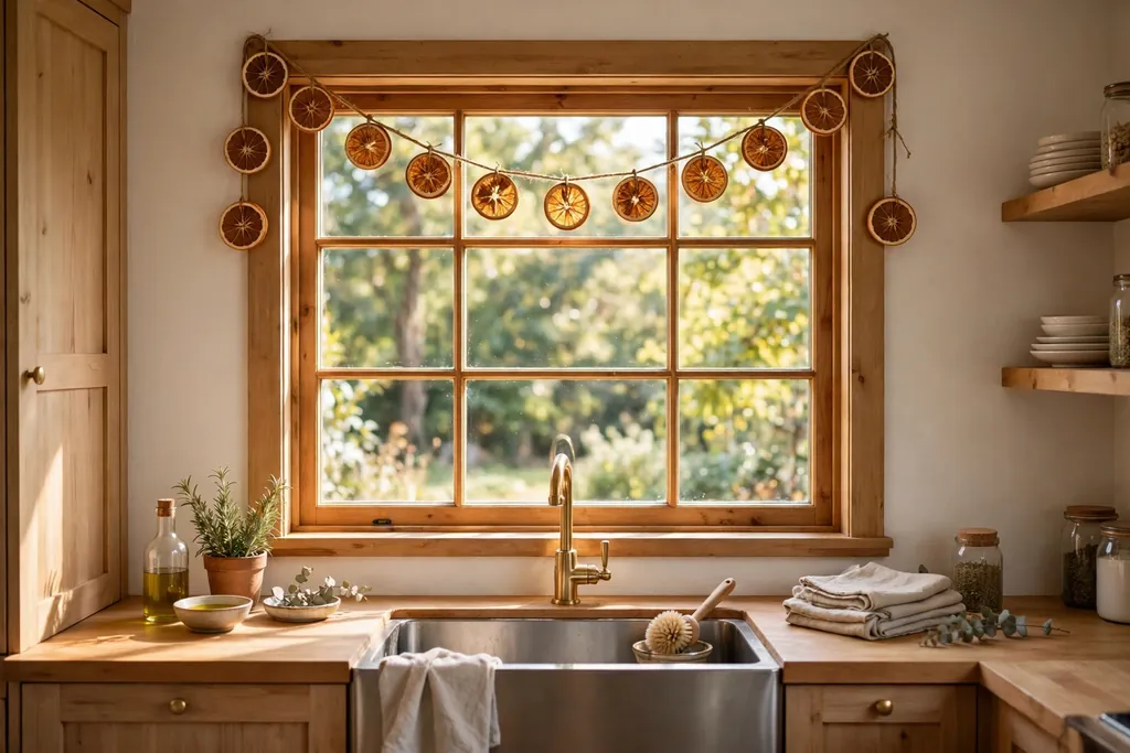 Dried orange slice garland draped above a kitchen window.