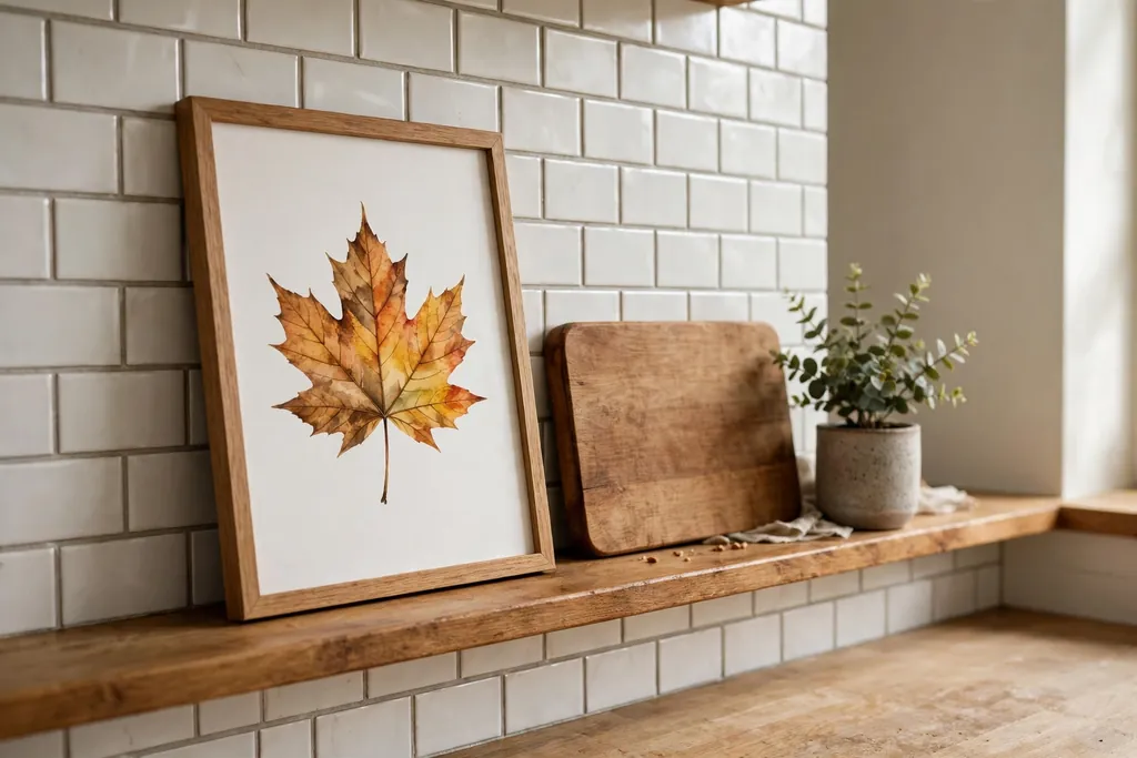 Framed fall leaf print leaning on a kitchen backsplash shelf.