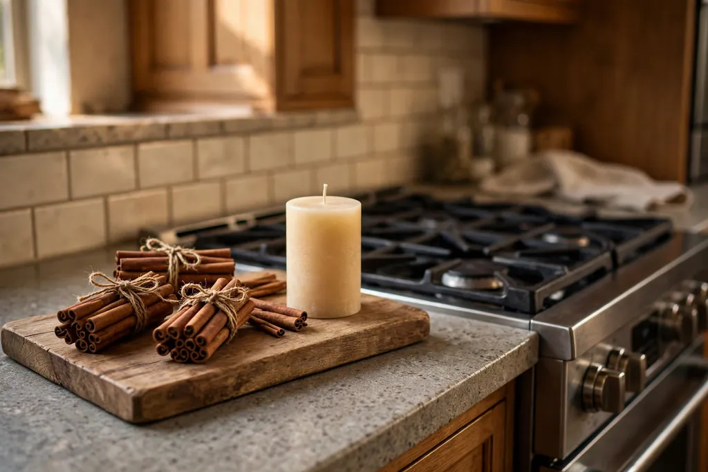 Wood board with a candle and cinnamon stick bundles beside a kitchen stove.