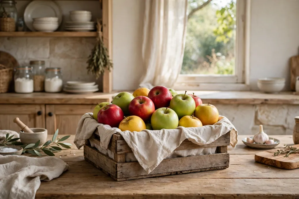 Wooden crate filled with red, green, and yellow apples on a table.