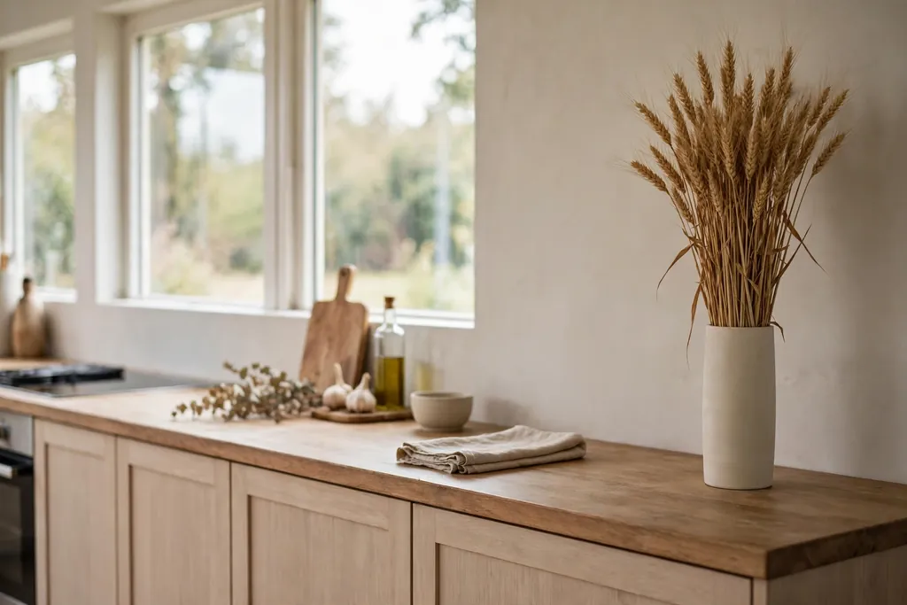 Tall vase with dried wheat standing at the end of a kitchen counter.