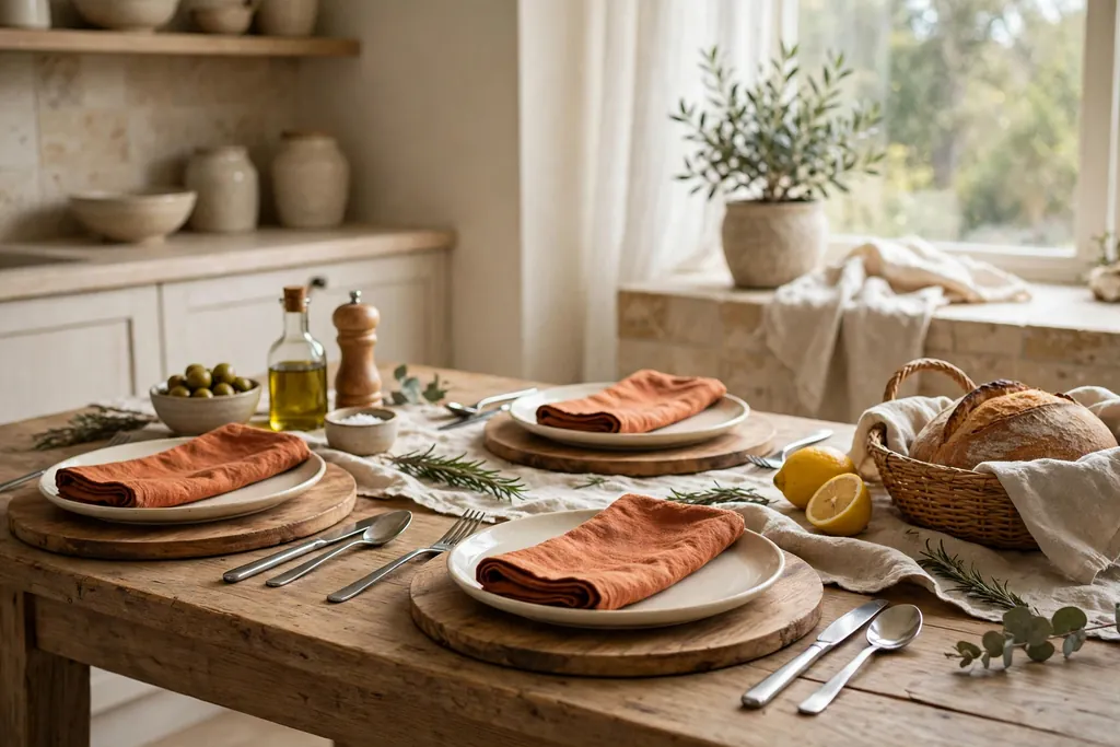 Table setting with rust linen napkins, wooden chargers, and cream plates.