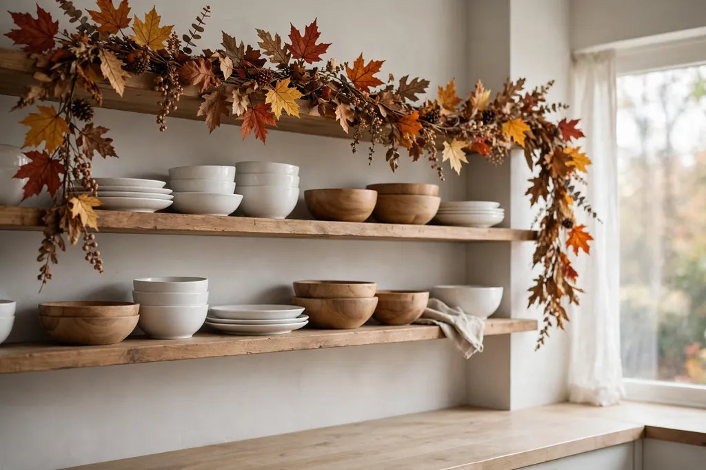 Fall leaf garland draped along the top of open kitchen shelves.