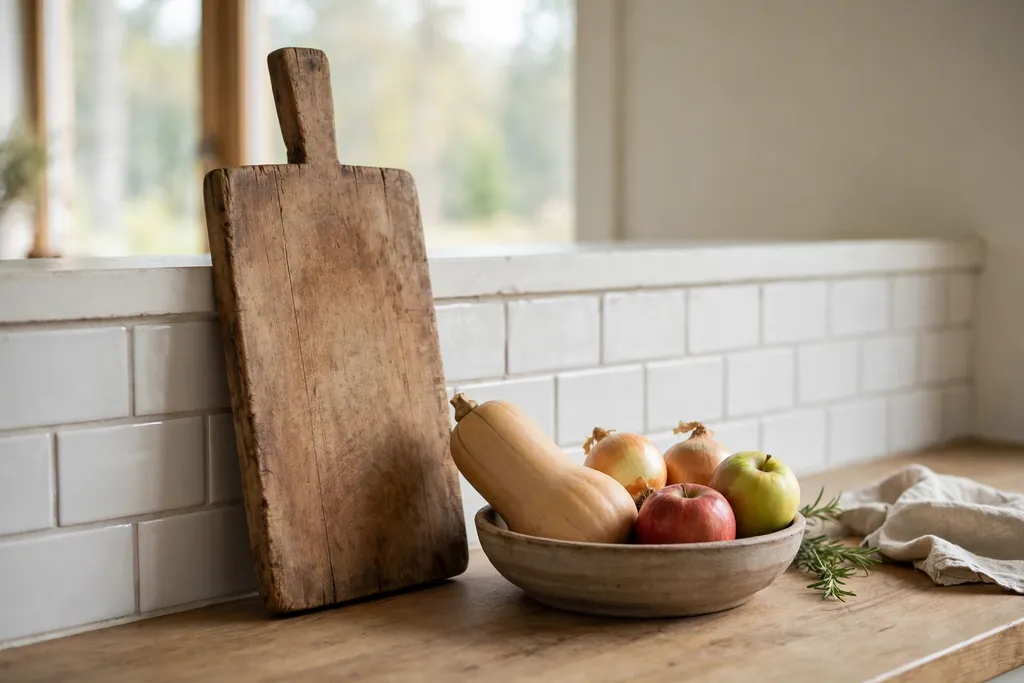 Wood cutting board leaning on a backsplash beside a bowl of fall produce.