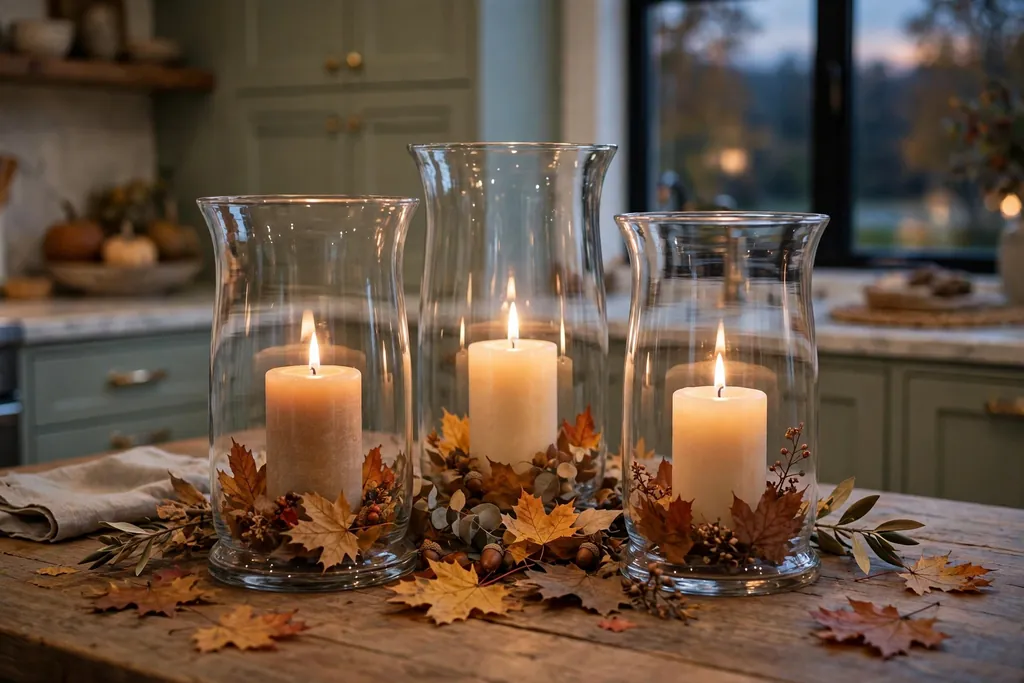Glass hurricanes with pillar candles and fall leaves on a table.