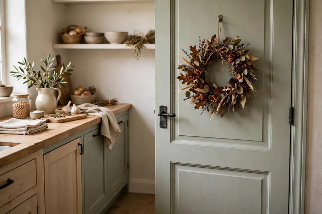 Small fall wreath with dried leaves hanging on a pantry door.