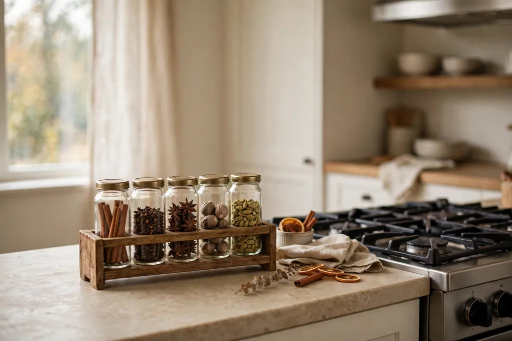 Wooden spice rack with labeled jars of fall baking spices near a stove.