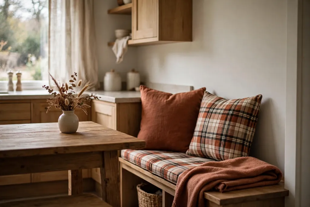 Breakfast nook bench with rust and plaid cushions beside a wood table.