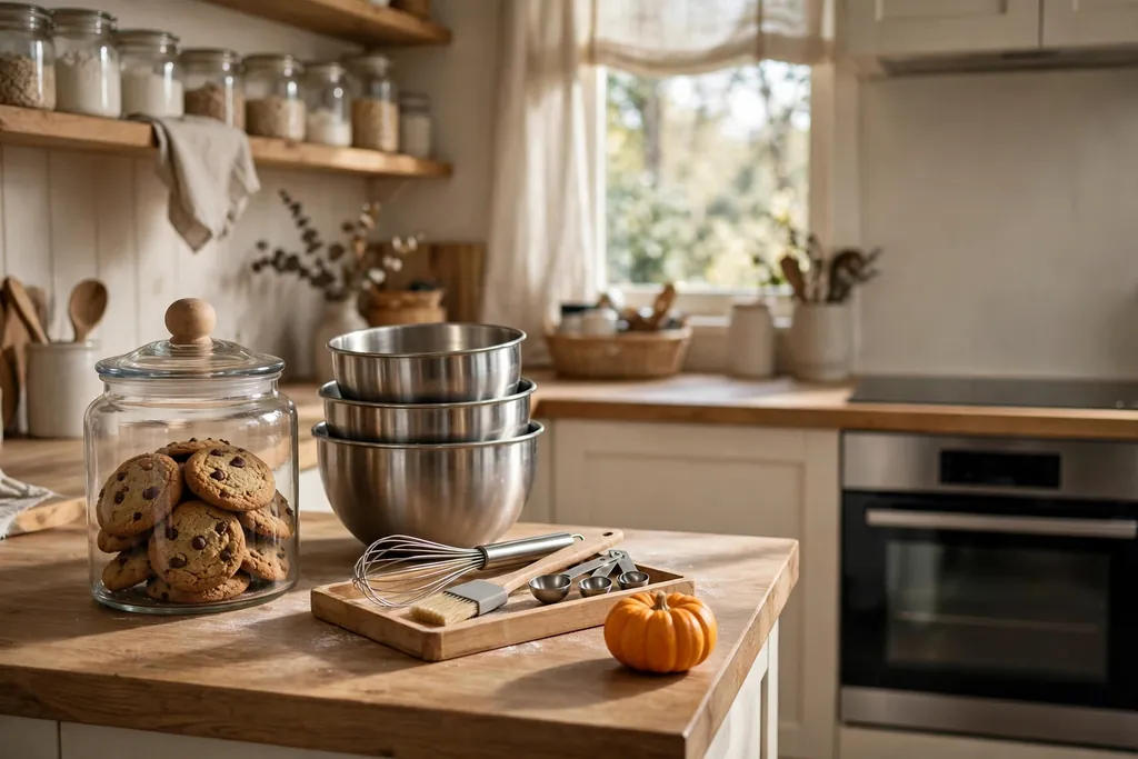 Kitchen baking station with a glass cookie jar, mixing bowls, and a small pumpkin.