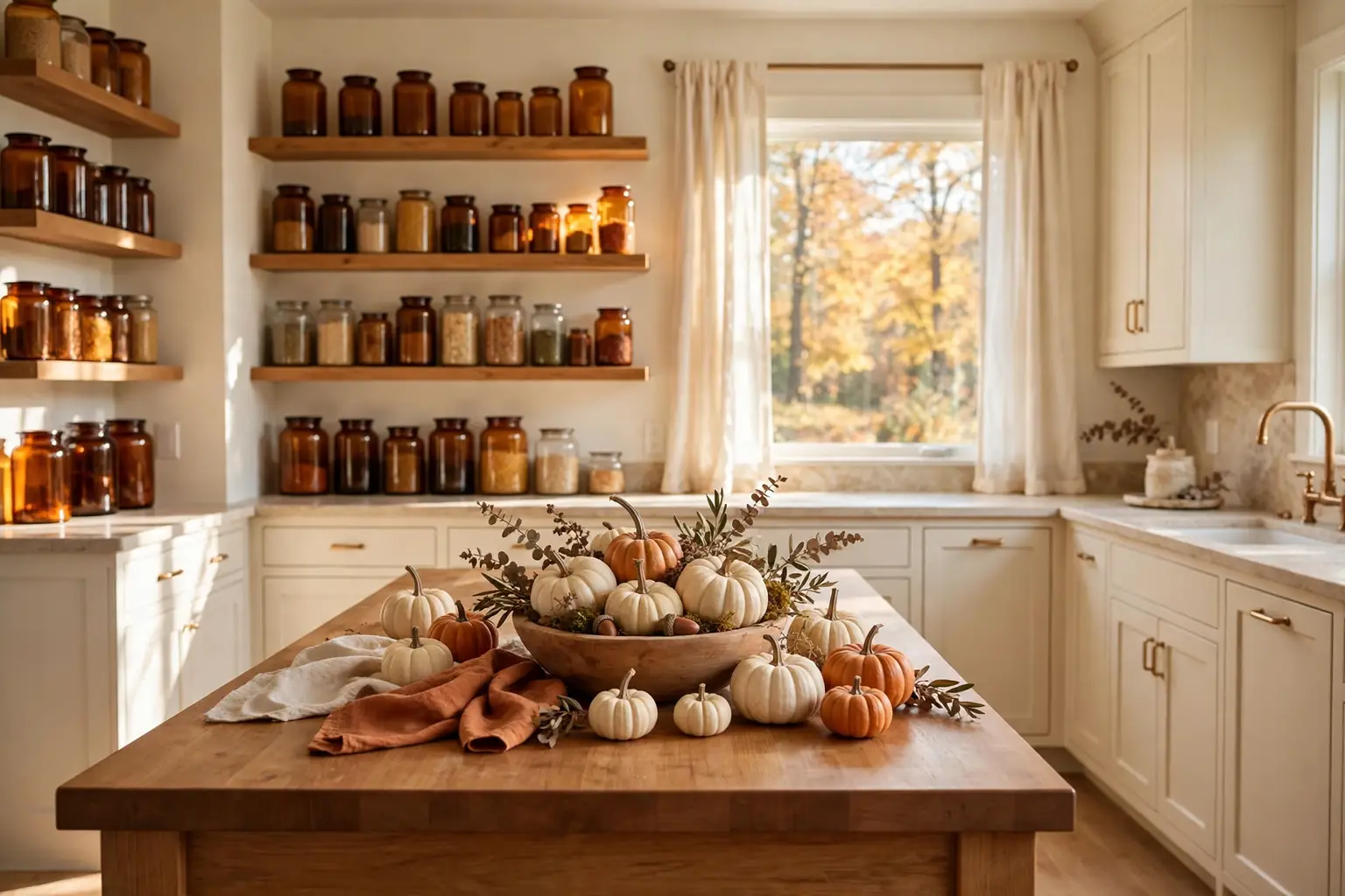 Bright fall kitchen with a wood island, mini pumpkins, and amber glass on open shelves.