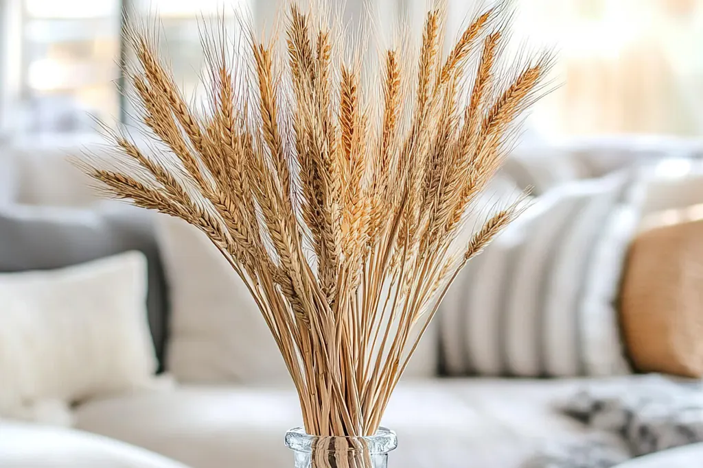 Dried stems in a heavy jug on a kitchen island.