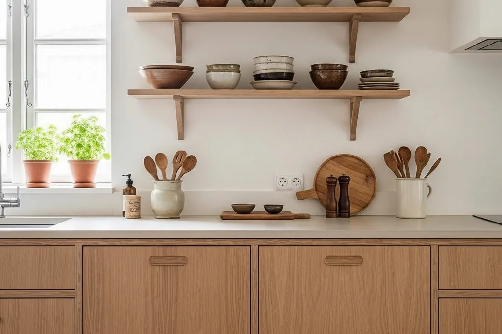 Open kitchen shelves styled with wooden bowls, cream dishes, and warm metal accents.