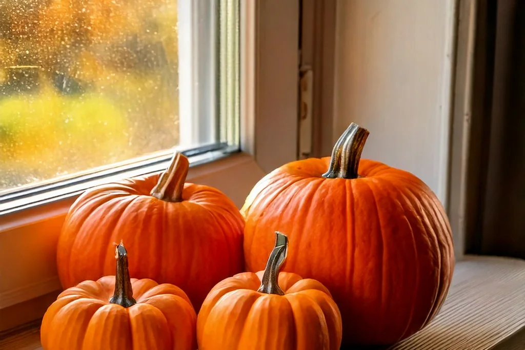 Small pumpkins arranged on a kitchen windowsill in daylight.