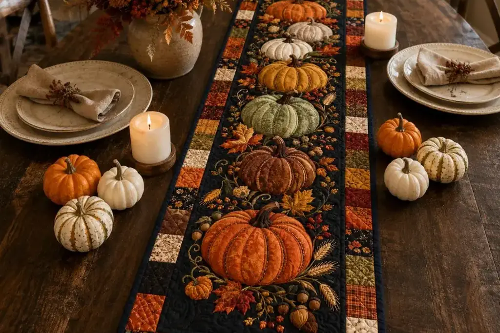 Kitchen table with a fall runner and a low pumpkin centerpiece.