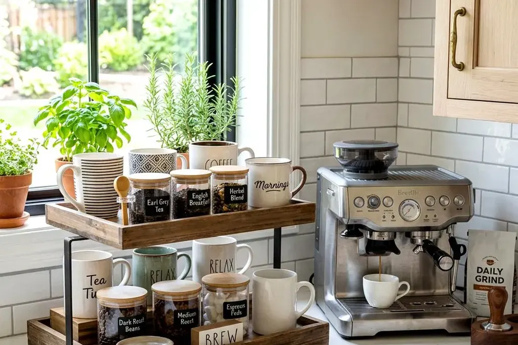 Warm drink station with mugs and a kettle grouped on a tray on the counter.