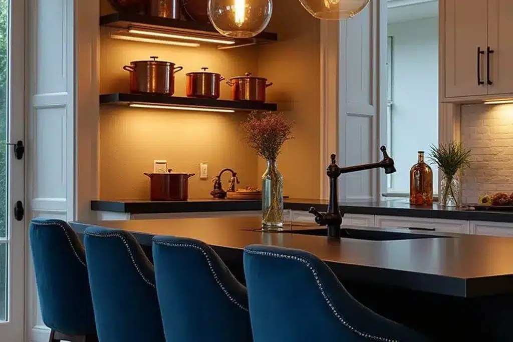 Kitchen island with stools and warm pendant lights in the evening.