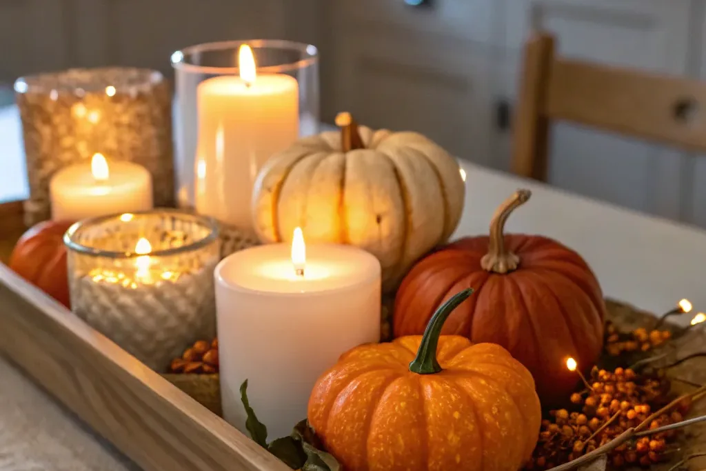 Wood tray with small pumpkins and a cutting board styled on a kitchen counter.