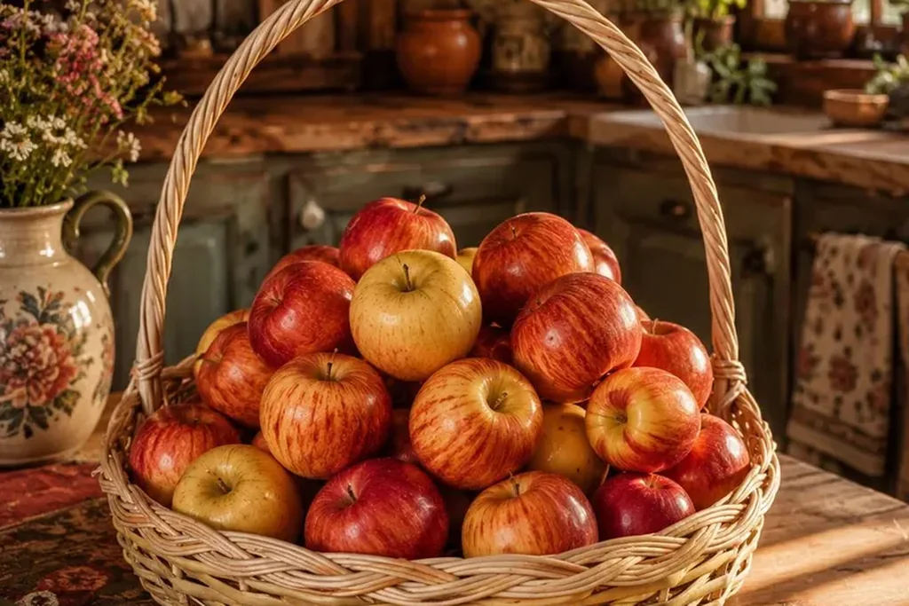 Woven basket of apples and fall produce on a kitchen counter.
