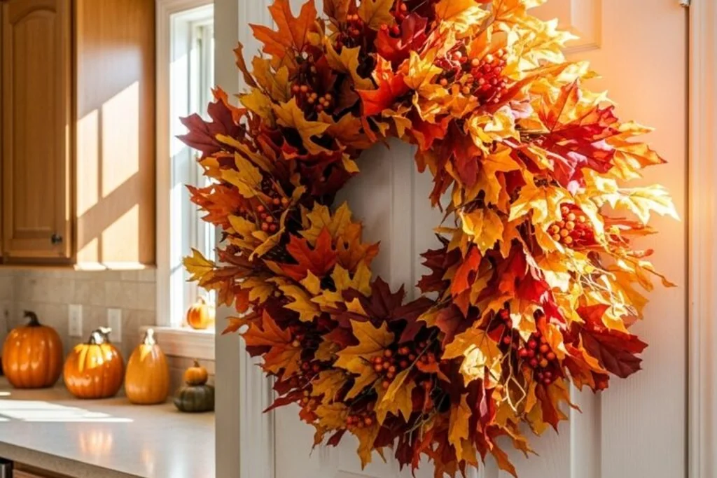 Small fall wreath hanging on a kitchen door in warm autumn colors.