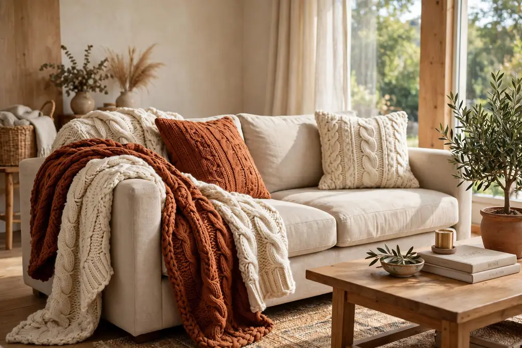 Sofa with chunky knit throws in cream and rust draped over the arm.