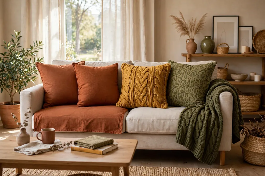 Sofa with cushion covers in rust