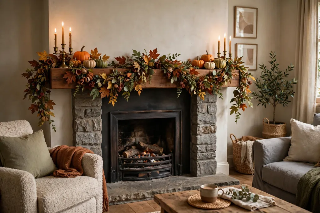 Leaf garland draped along a fireplace mantel with small pumpkins and candles.