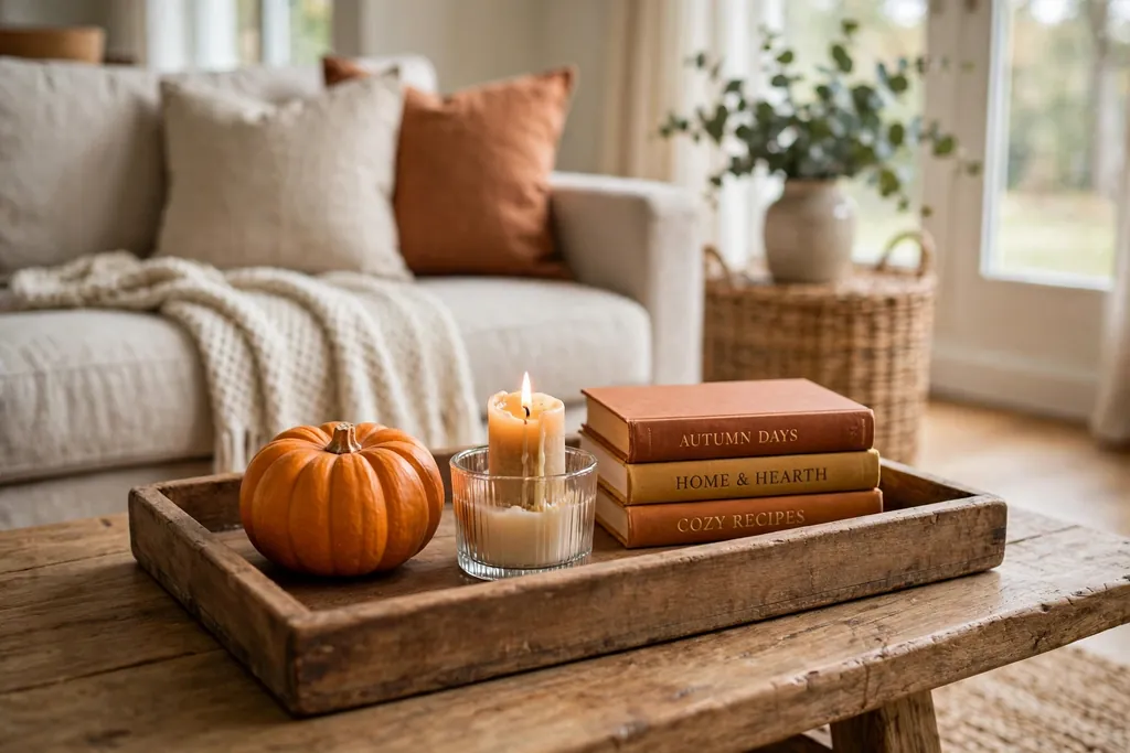 Wood tray on a coffee table holding a small pumpkin