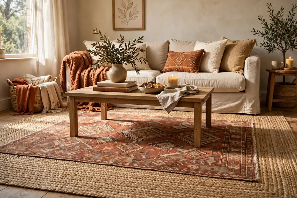 Patterned rug layered over a jute rug under a coffee table in a living room.