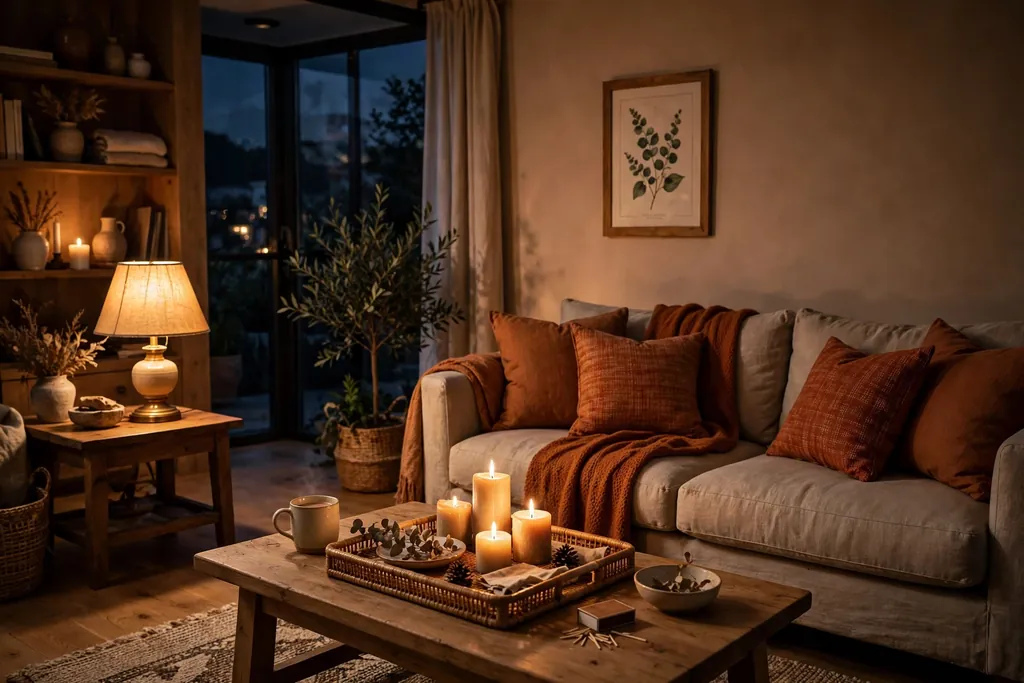 Living room lit by warm table lamps and candles in the evening.