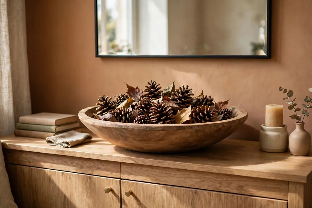 Wide bowl filled with pinecones on a living room sideboard.
