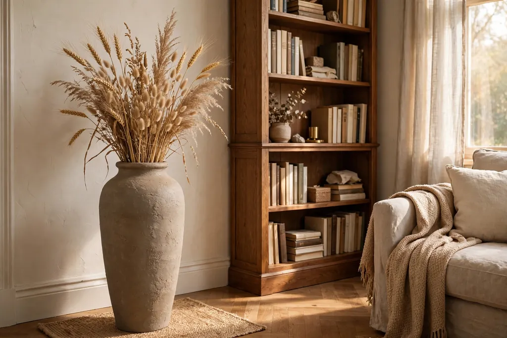 Tall floor vase with dried wheat stems in a living room corner.