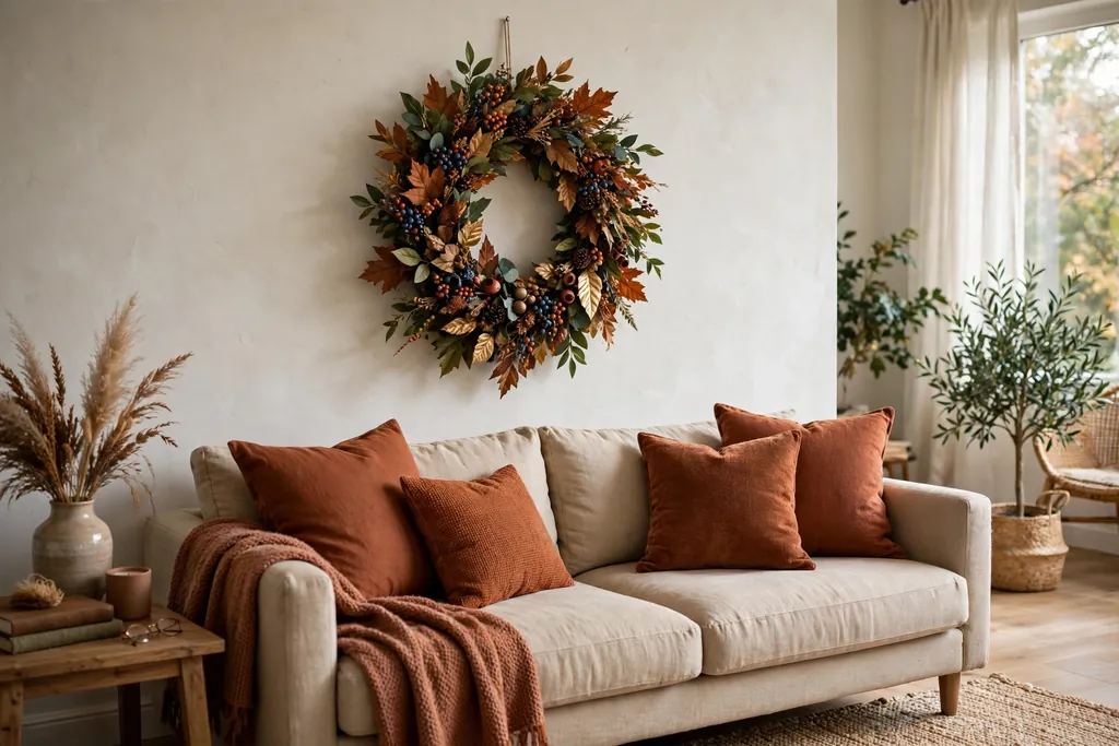 Fall leaf wreath hanging on the wall above a sofa.