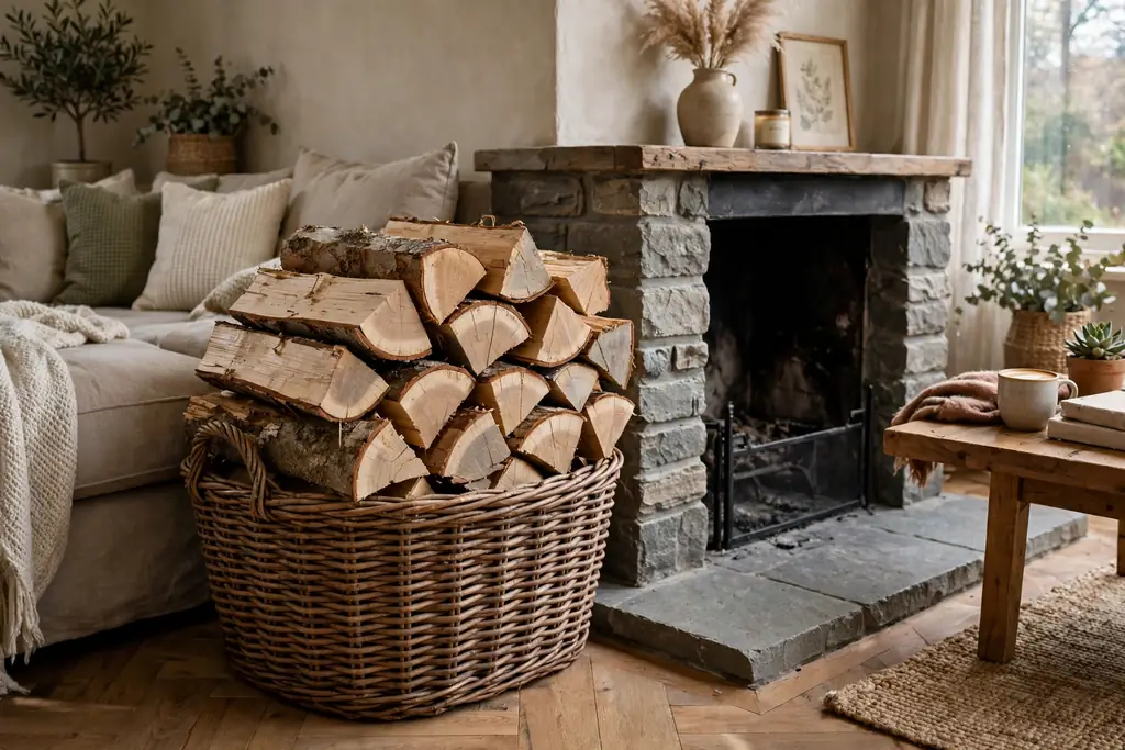 Basket of stacked firewood beside a fireplace hearth.