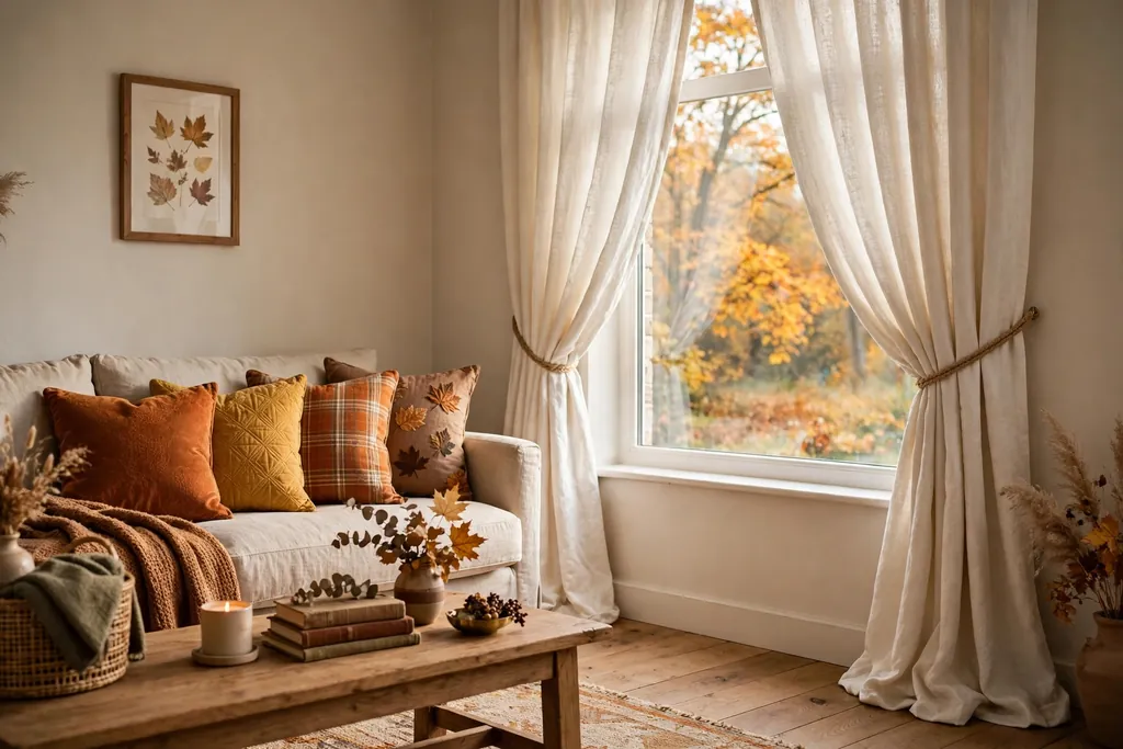 Living room window dressed with heavy curtains in warm white.