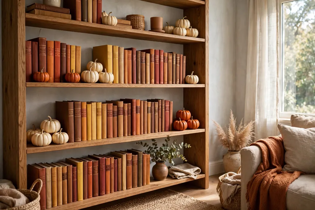 Bookshelf styled with mini pumpkins beside books.