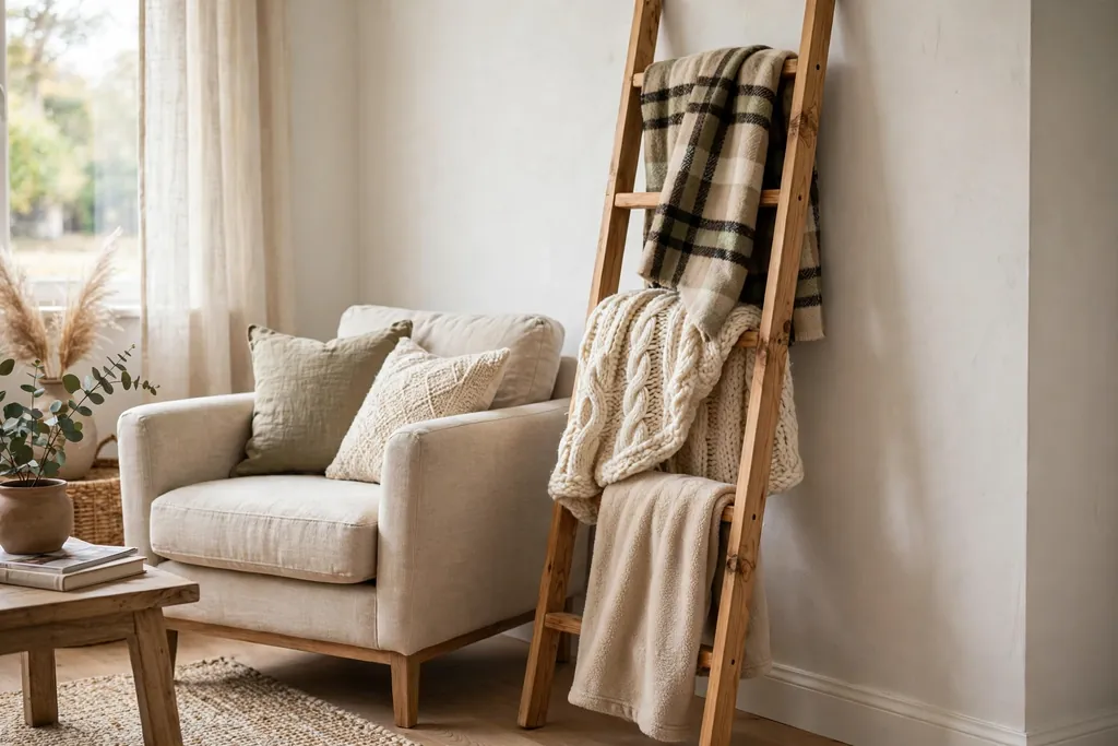 Blanket ladder by an armchair draped with plaid and knit throws.