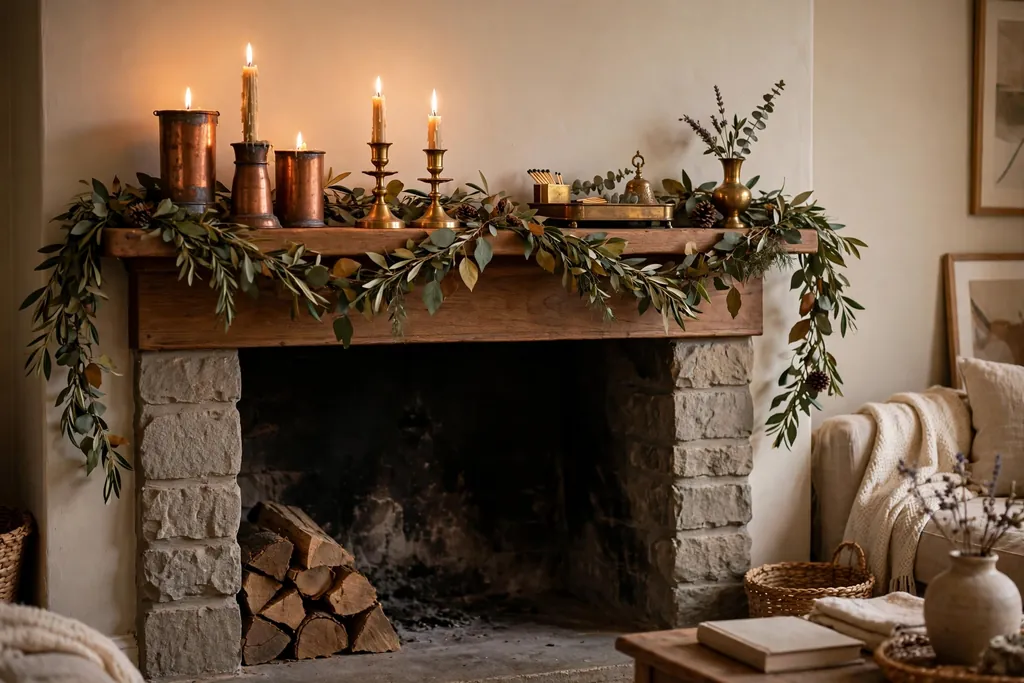 Mantel styled with copper and brass candleholders and a tray.