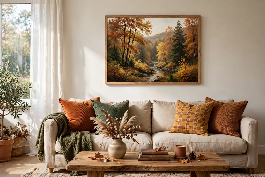 Framed autumn landscape print hanging above a sofa.