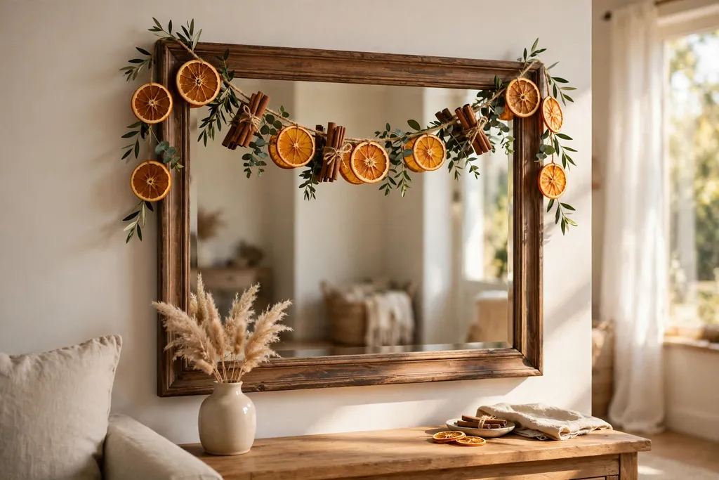Dried orange slice garland draped across the top of a mirror.
