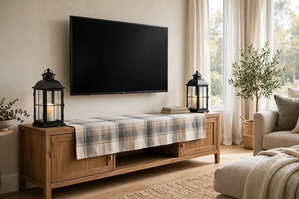 TV console dressed with a plaid runner and lanterns.
