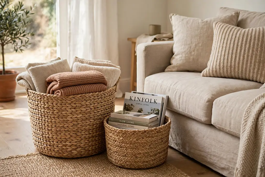 Woven baskets beside a sofa holding throws and magazines.