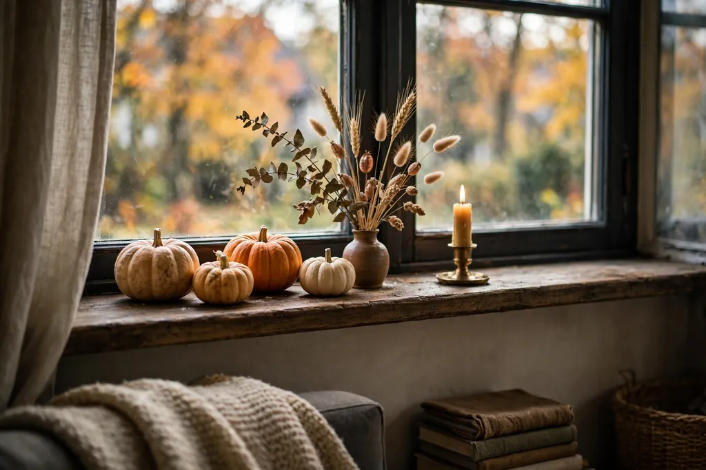 Windowsill styled with mini pumpkins