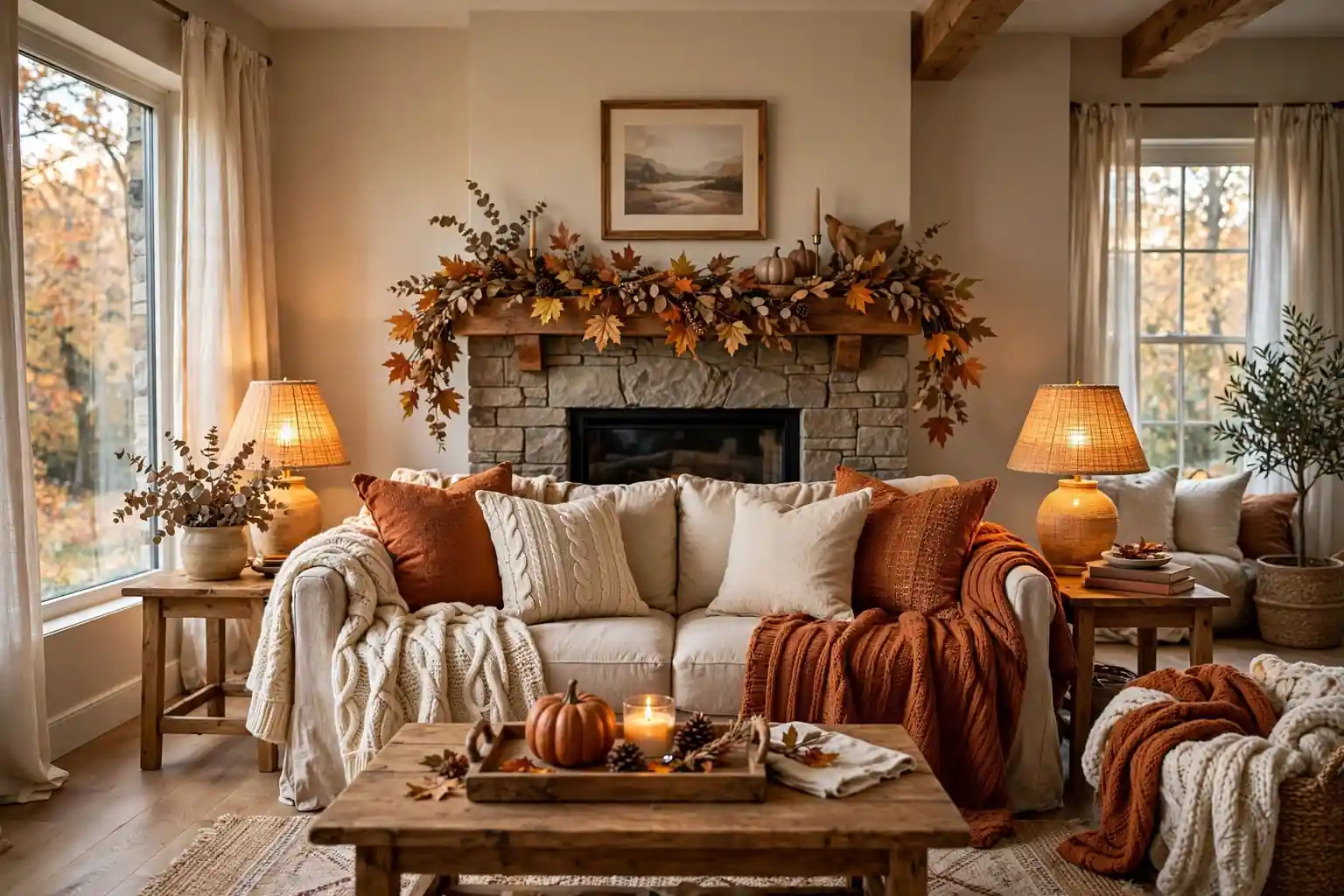 Cozy living room decorated for fall with rust cushions