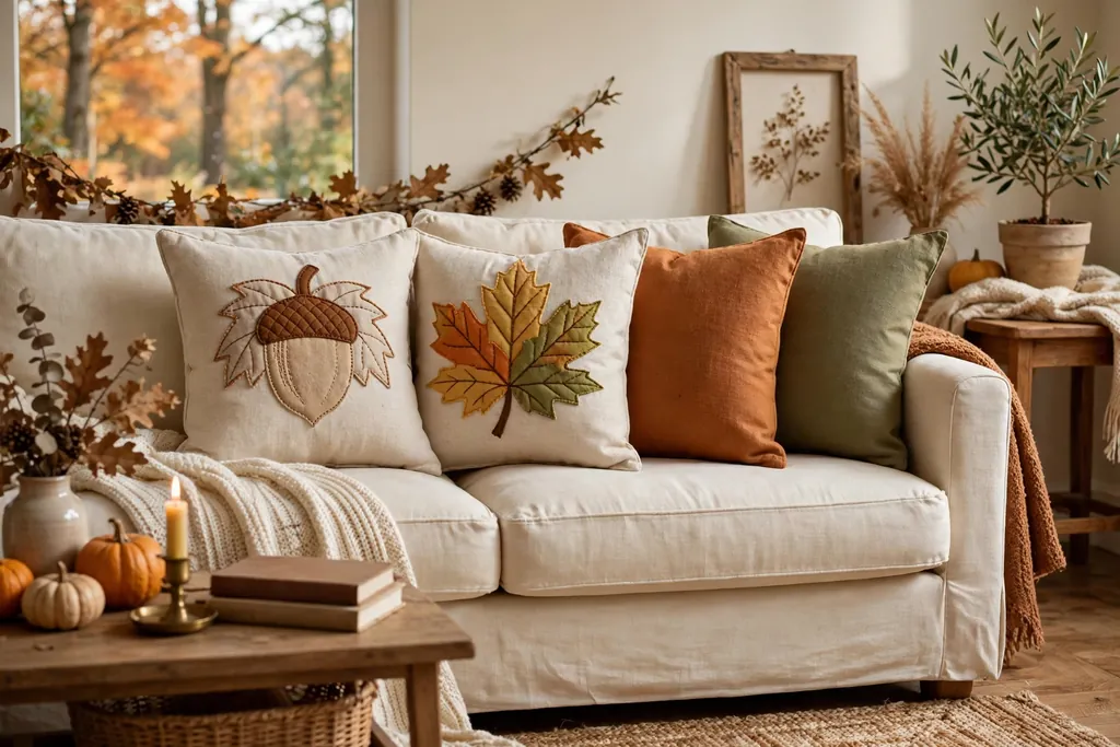 Appliqued acorn and leaf pillow covers on a cream sofa with solid covers beside them.