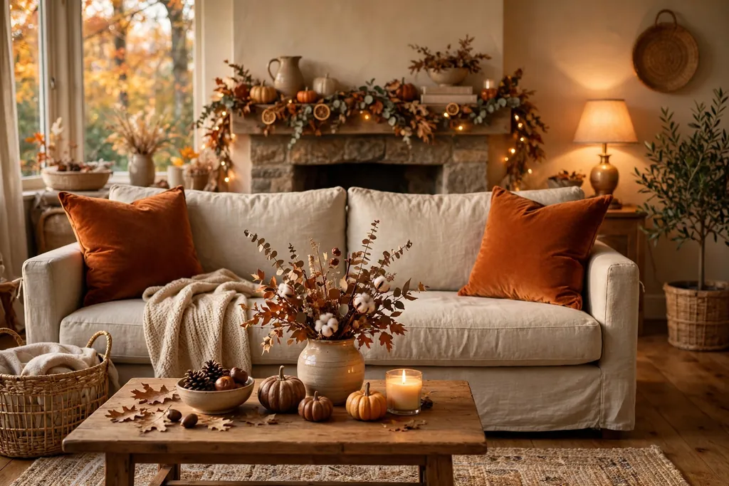 Sofa with burnt orange velvet pillow covers at each end of a neutral sofa in warm light.