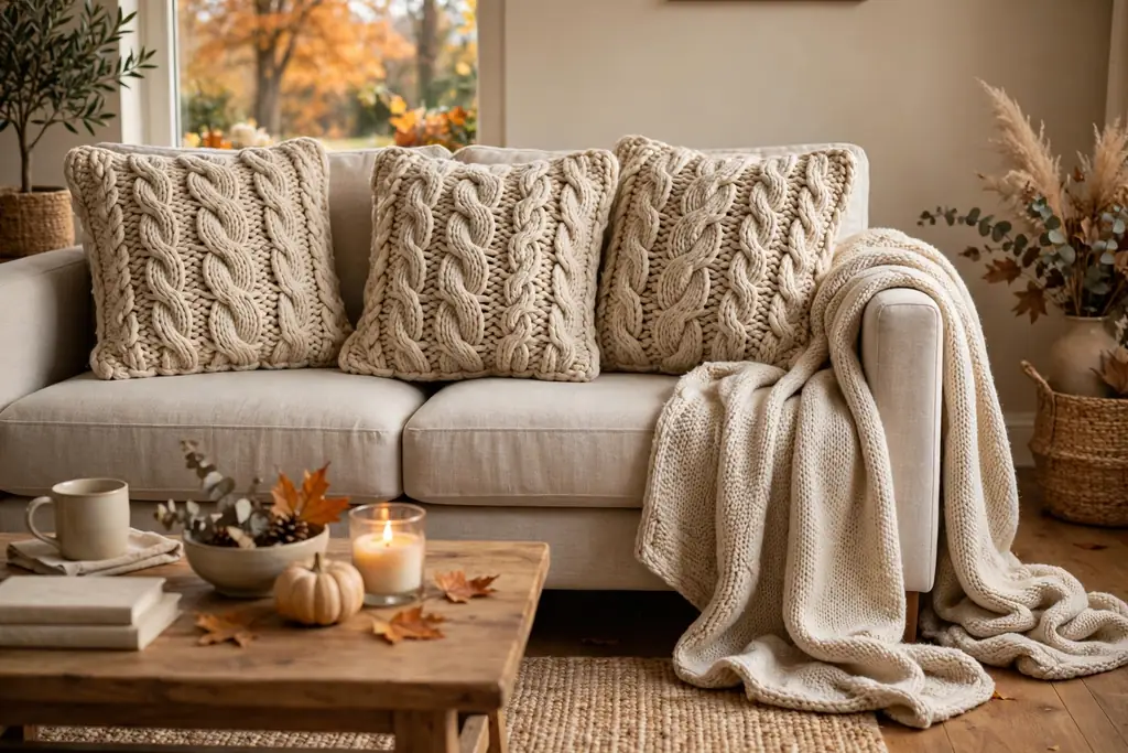 Oatmeal chunky knit pillow covers on a sofa with a soft knit throw nearby.
