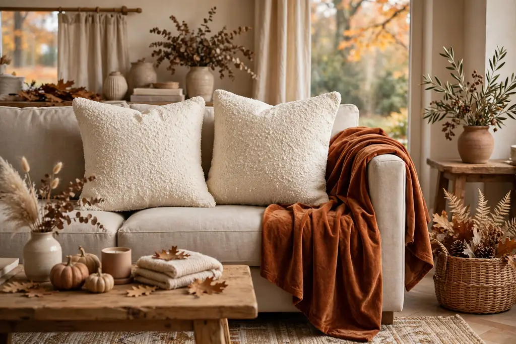 Cream boucle pillow covers on a neutral sofa with a rust velvet cover beside them.