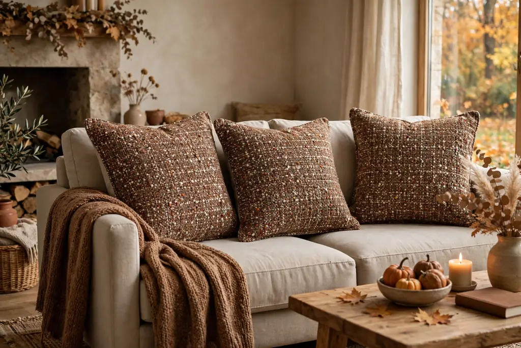 Earthy tweed pillow covers with brown, rust, and cream flecks on a sofa.